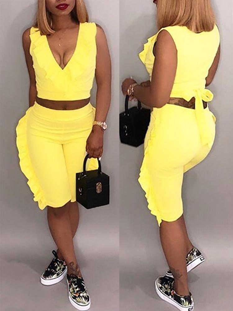 

Ruffles Trim Tie Back Crop Top & Shorts Sets, Yellow