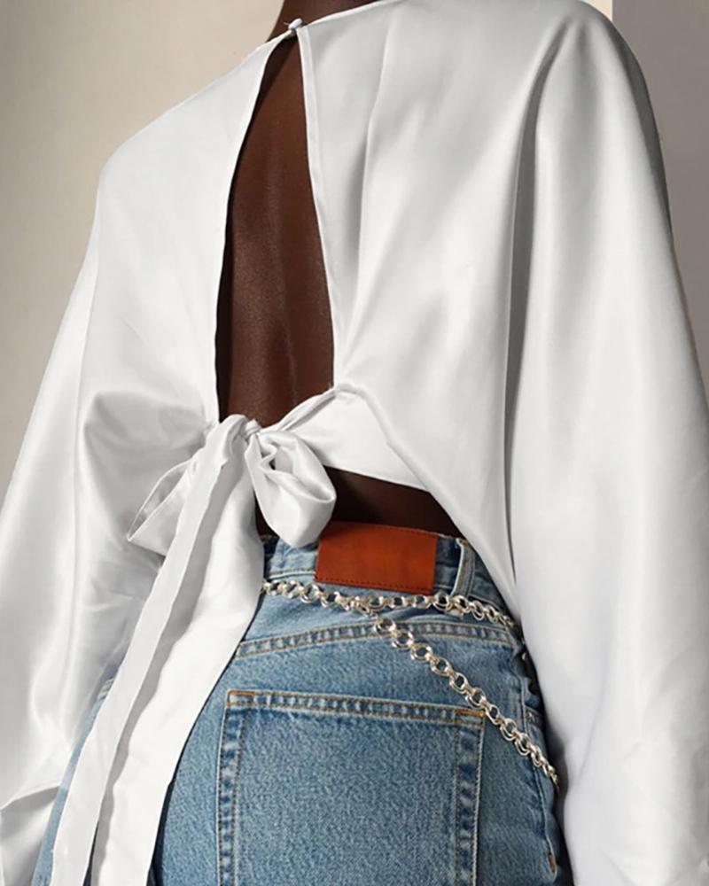 

Solid Lantern Sleeve Tied Backless Cropped Blouse, White
