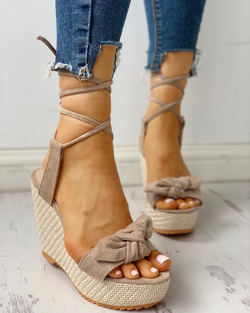 

Bowknot Lace-up Ankle Platform Wedge Sandals, Beige