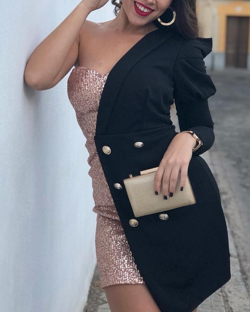 

One Shoulder Sequined Blazer Dress, Black