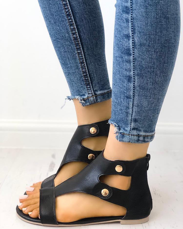 

Fashion Cutout Buckle Metal Flat Sandals, Black