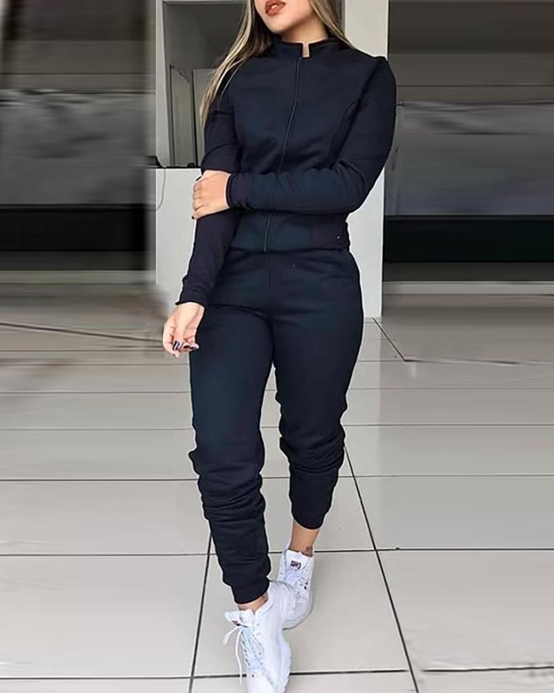 

Solid Zipped Top & Pant Sets, Black