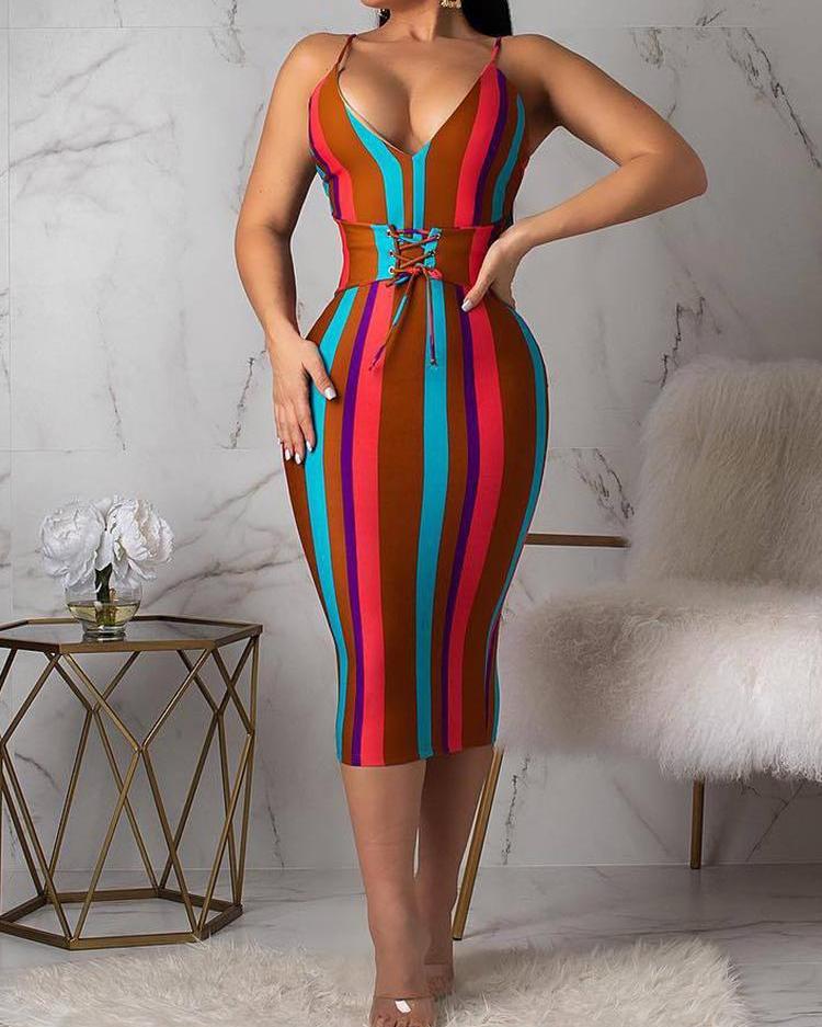 

Multicolored Striped Lace-up Waist Bodycon Dress