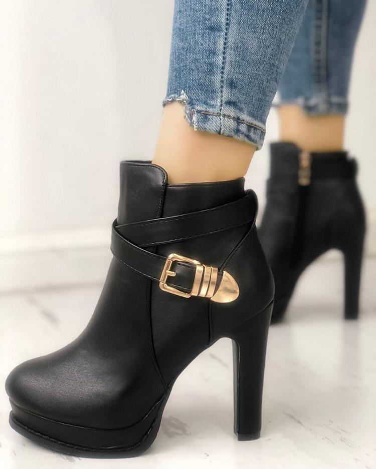 

Crisscross Buckle Platform Chunky Ankle Boots, Black