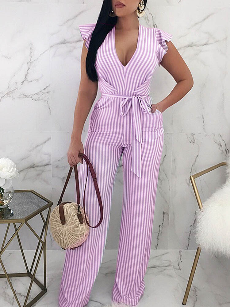 

Striped Tie Waist Cutout Back Flutter Sleeve Jumpsuit, Purple