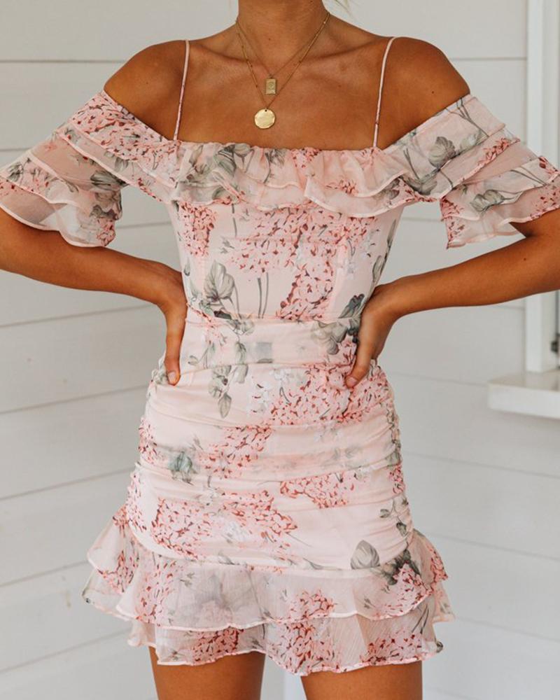 

Floral Print Cold Shoulder Ruffle Trim Mini Dress, Light pink