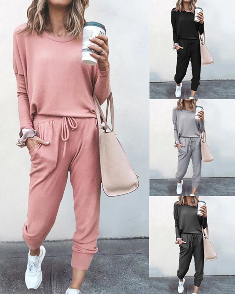

Plain Round Neck Long Sleeve Top & Drawstring Pants Set, Pink