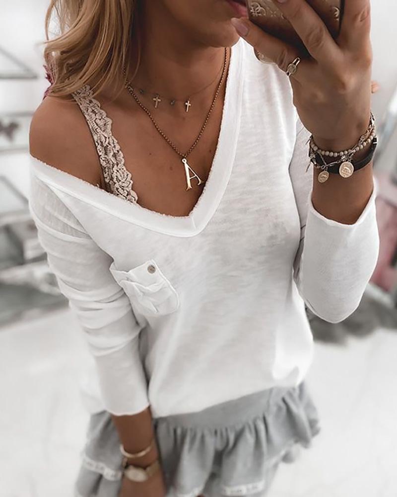

Solid Long Sleeve V-neck Casual T-shirt, White