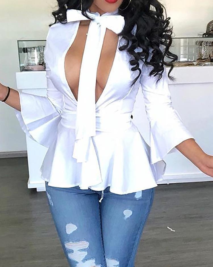 

Tied Neck Cut Out Peplum Blouses, White