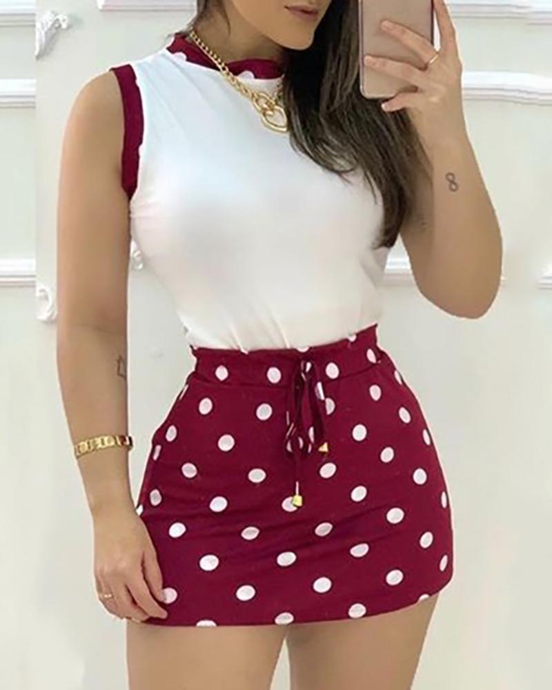 

Polka Dots Casual Tank Top & Mini Skirt Set, Red
