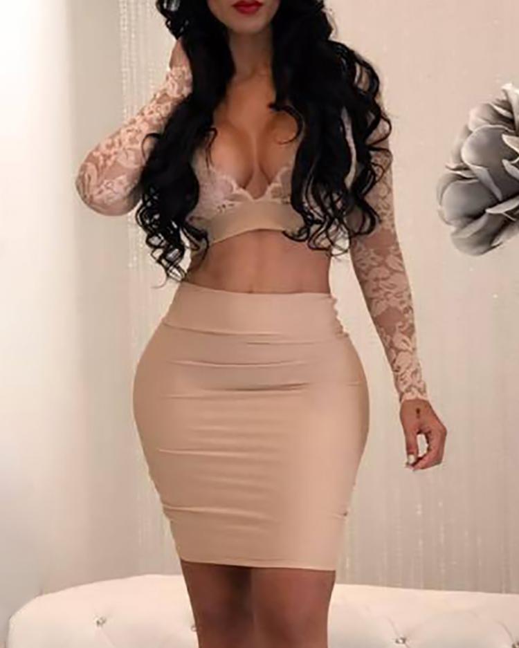

See Through Lace Cropped High Waist Two-Pieces Dress, Beige