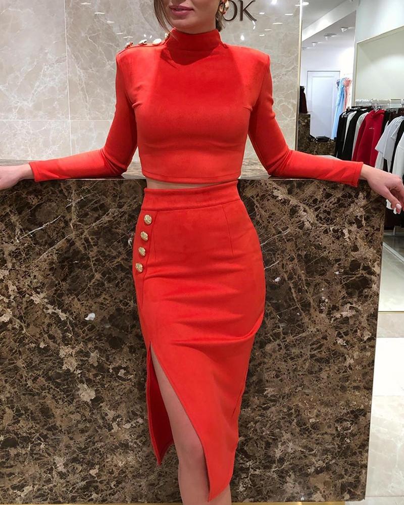 

Solid Buttoned Detail Crop Top & Midi Slit Skirt Sets