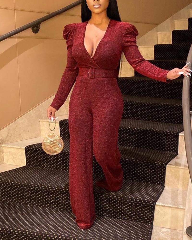 

V Neck Long Sleeve Jumpsuit, Wine red