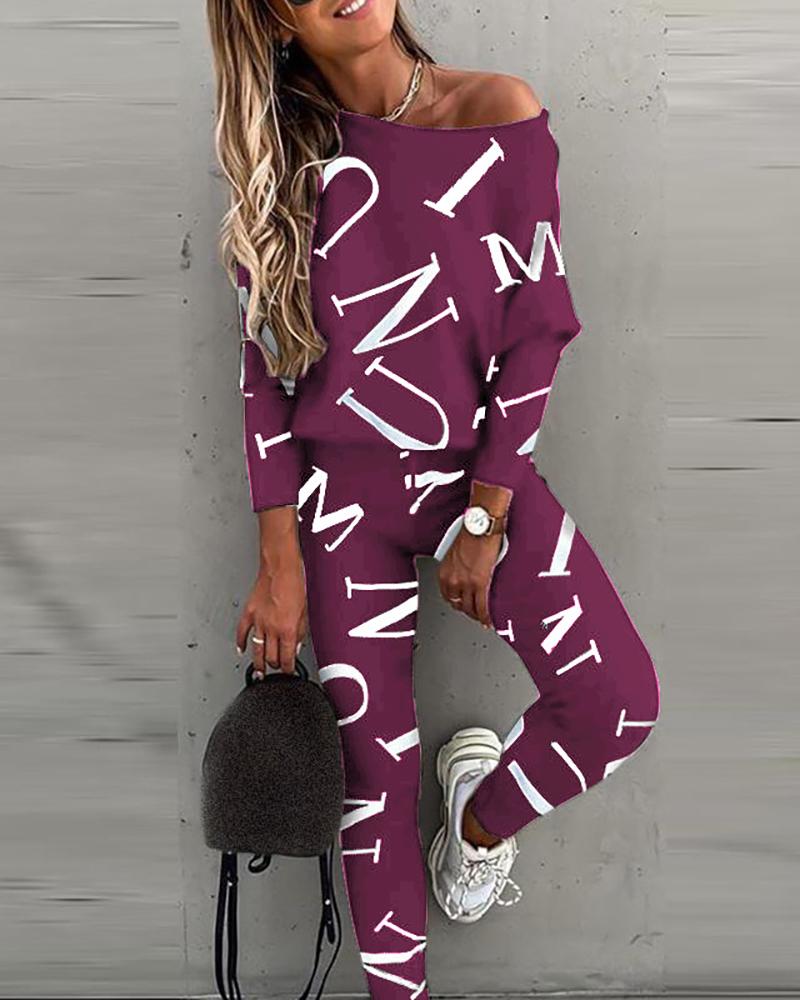 

Letter Print Long Sleeve Top & Pants Set, Purple