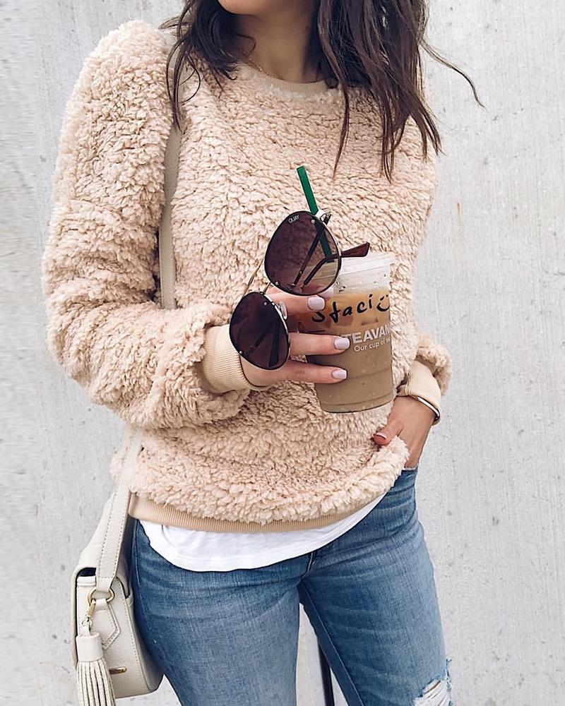 

Round Neck Fluffy Casual Sweatshirt, Khaki