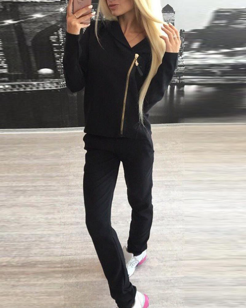 

Stitching Zipper Long Sleeve Suit Sets, Black