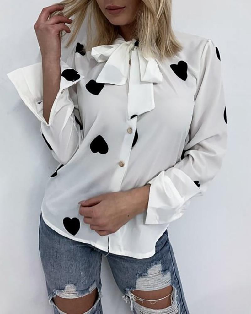 

Heart Print Tied Neck Casual Shirt