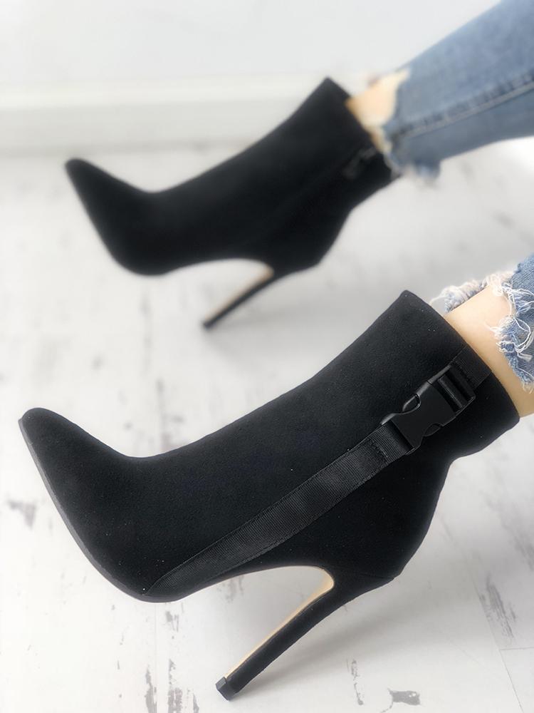 

Tape Design Pointed Toe Thin Heeled Boots, Black