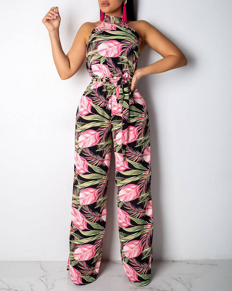

Leaf Print Halter Top & Wide Leg Pants, Pink