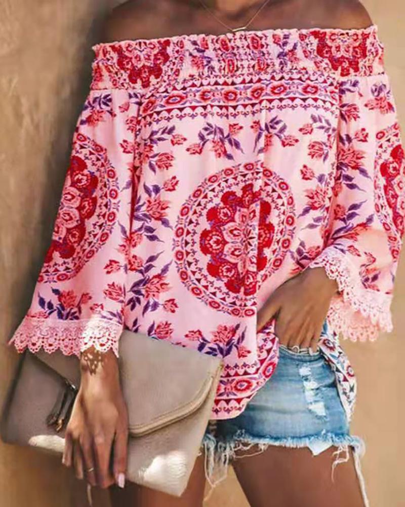 

Off Shoulder Print Shirring Design Lace Insert Blouse, Hot pink