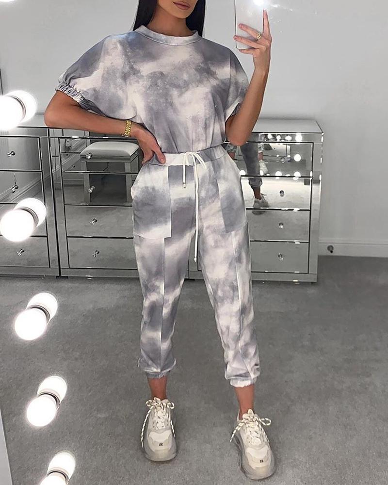 

Tie Dye Print Drawstring Top & Pants Set, Gray