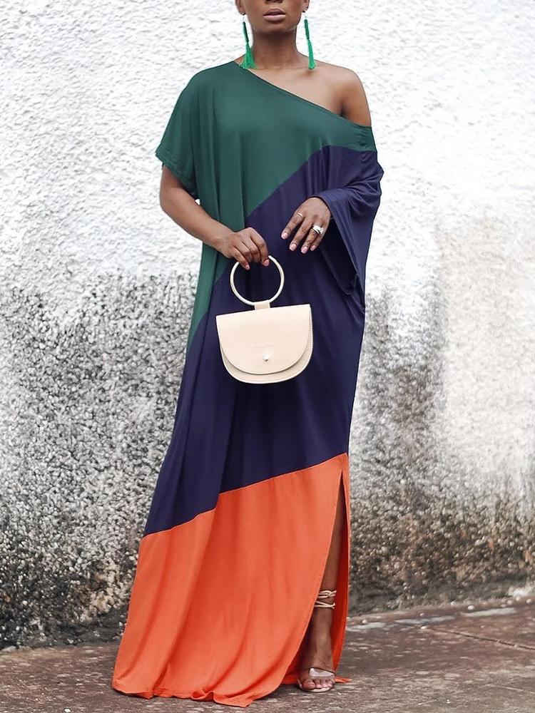 

Contrast Color Skew Neck Slit Maxi Dress, Multicolor