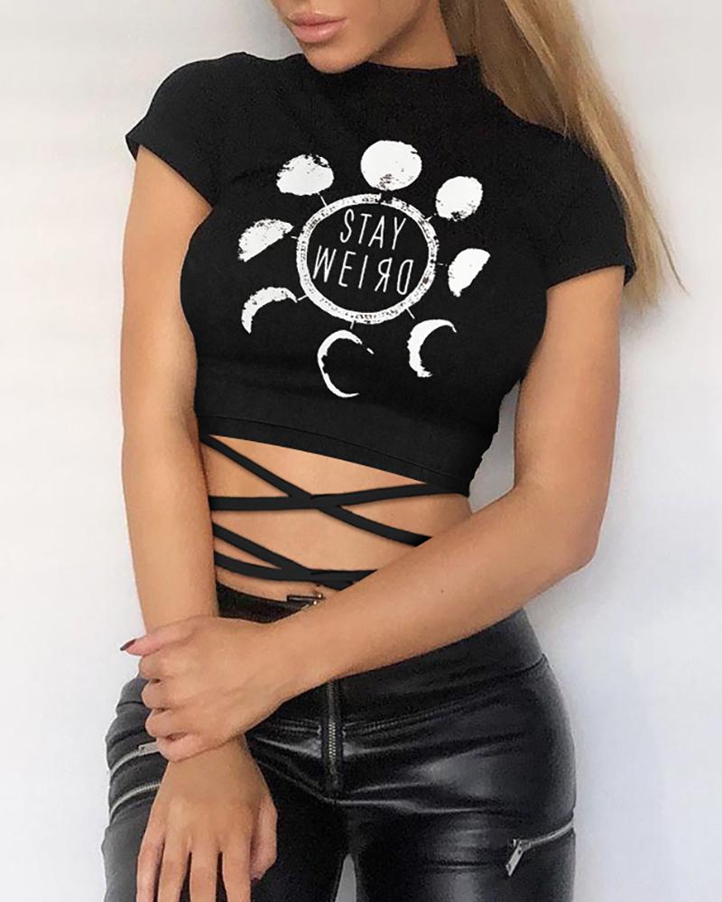 

Moon Pattern Letter Print Tie Detail Casual T-shirt, Black