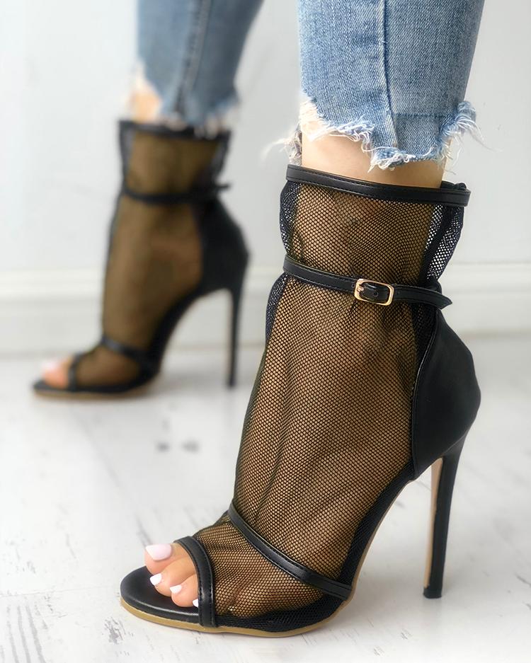 

Fishnet Peep Toe Thin Heeled Sandals, Black