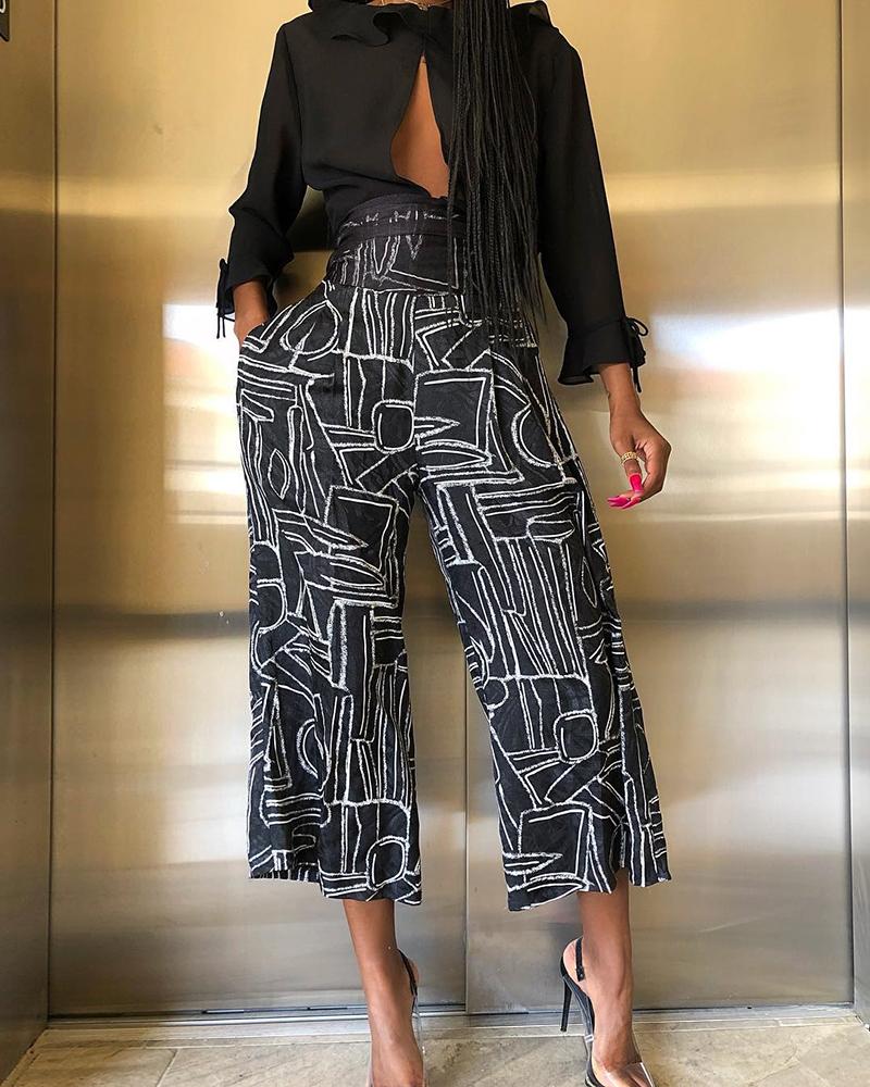 

High Waist Print Casual Cropped Pants, Black