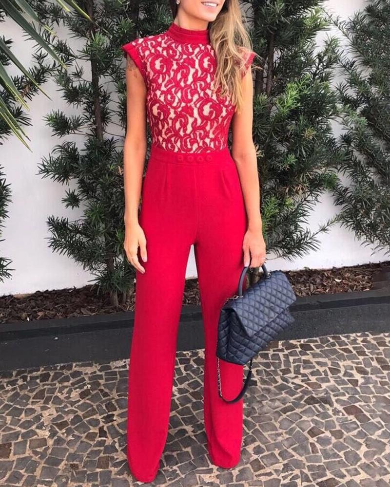 

Mock Neck Lace Bodice Insert Jumpsuit