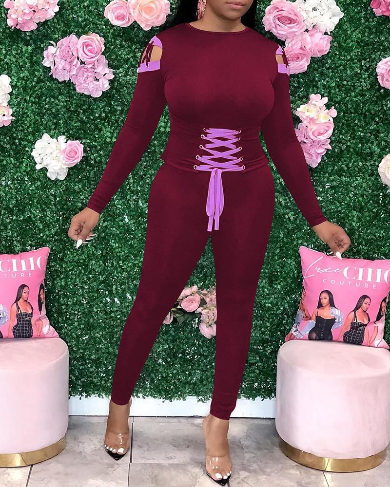 

Eyelet Lace Up Top & Skinny Pants Set, Wine red