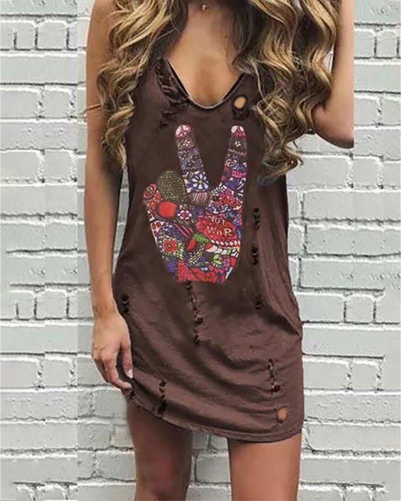 

Finger Pattern Print Hollow Out Casual Dress, Brown