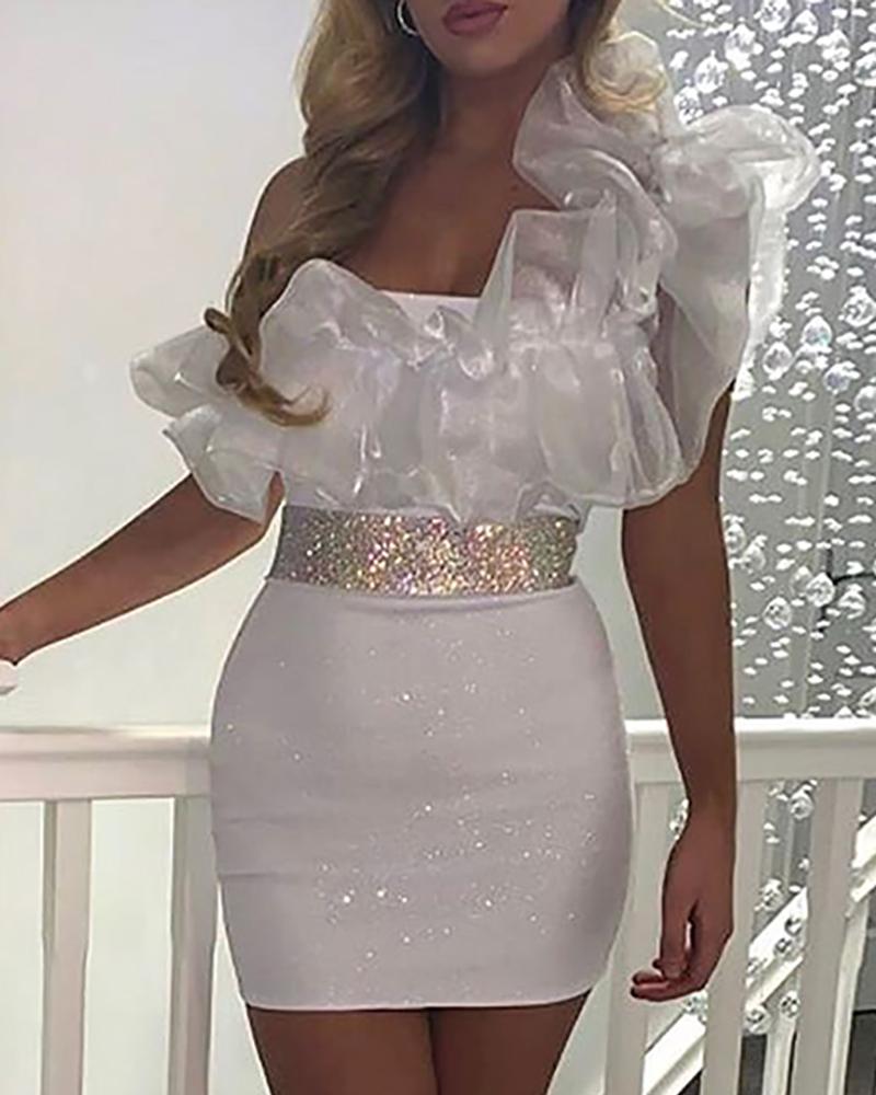 

Ruffles Ruched One Shoulder Party Dress, White