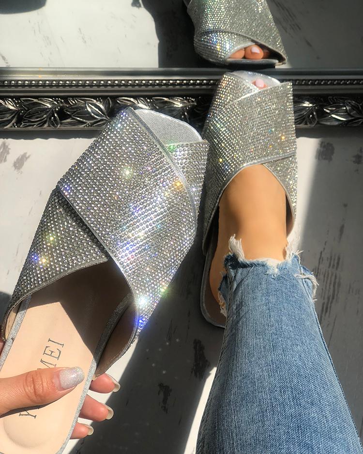 

Shiny Sequins Embellished Crisscross Sandals, Silver