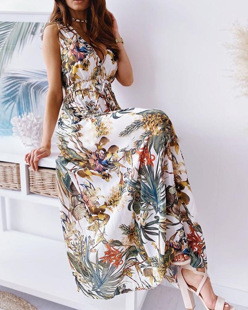 

Tropical Print Tied Detail Backless Maxi Dress, White