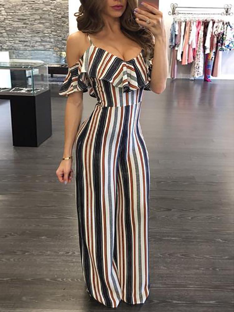 

Sexy Cold Shoulder Backless Stripes Frill Jumpsuit