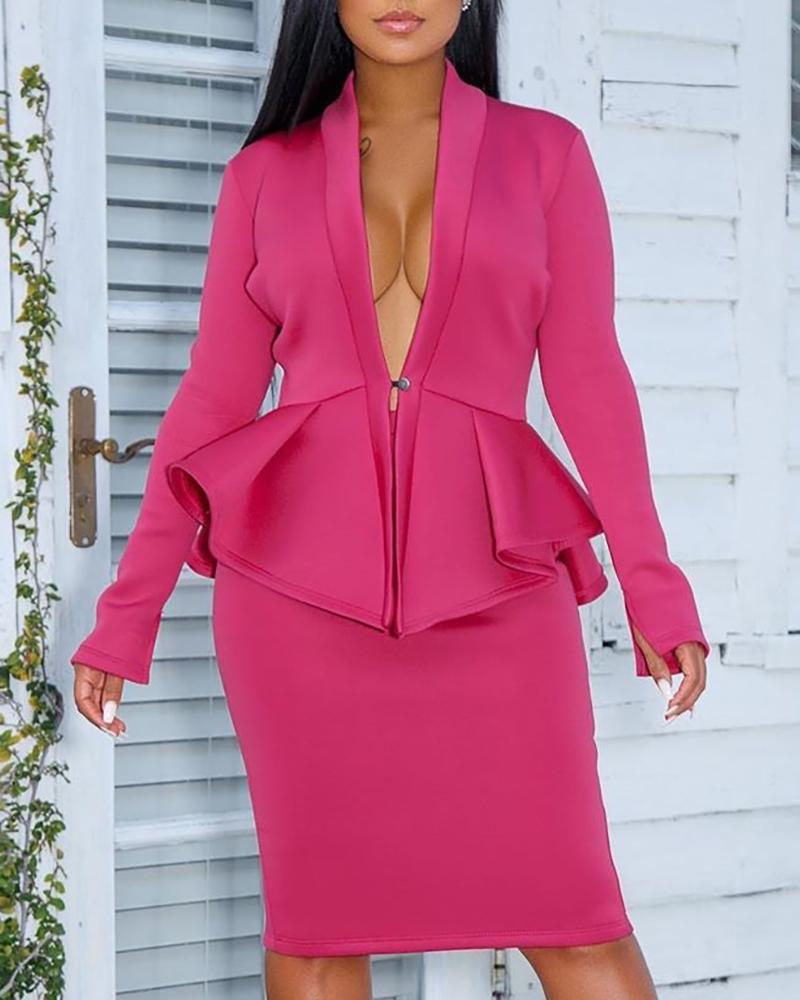 

Peplum Solid Top & Slit Skirt Sets, Hot pink