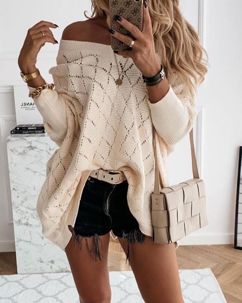 

Solid Cut-out Long Sleeve Loose Sweaters, Apricot