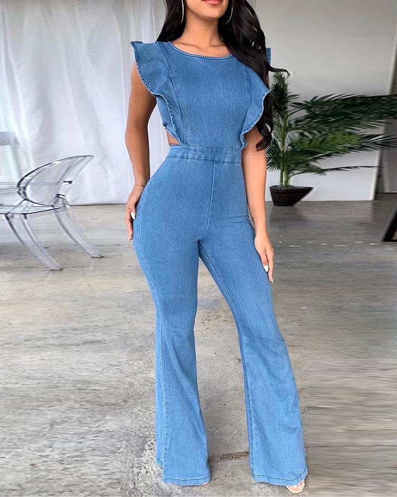 

Denim Ruffles Design Backless Flare Leg Jumpsuit