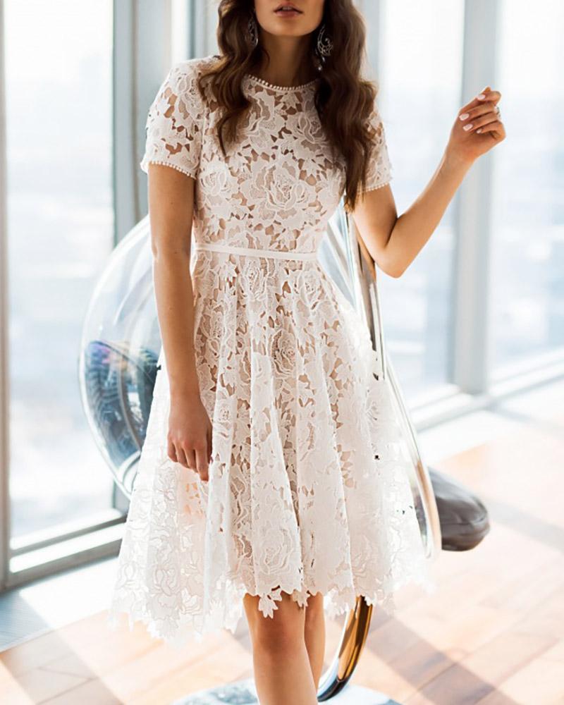 

Short Sleeve Hollow Out Floral Lace Dress, White