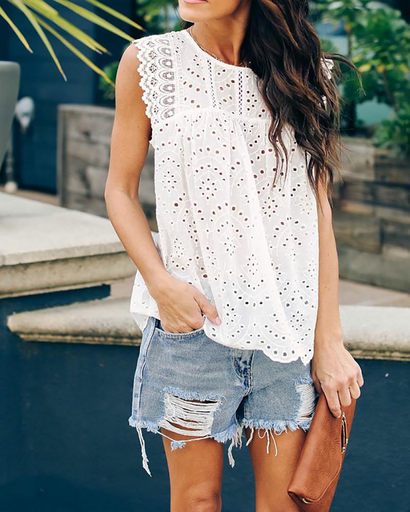 

Hollow Out Trim Casual Blouse