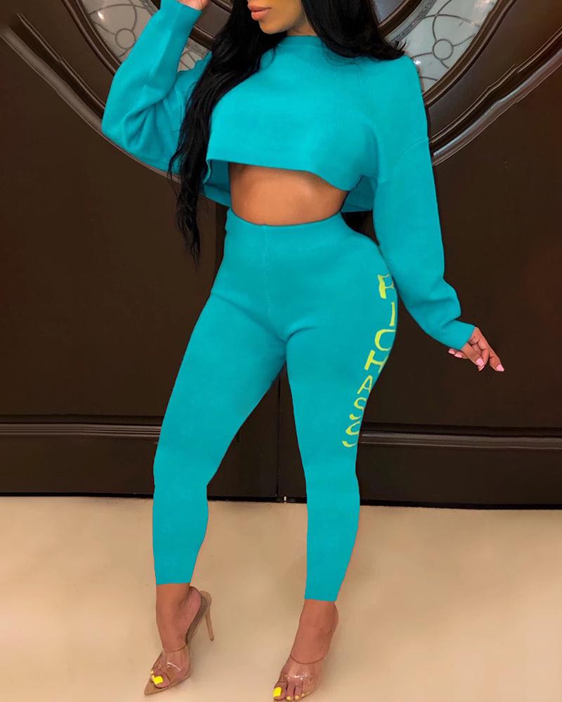 

Letter Print Crop Top & High Waist Pants Sets, Blue