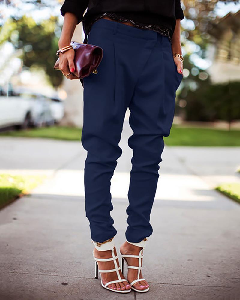 

Solid Pocket Design Casual Pants, Blue