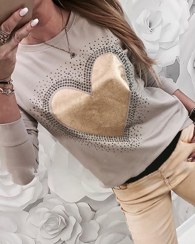 

Hot Stamping Heart Pattern Round Neck Long Sleeve T-shirt, Apricot