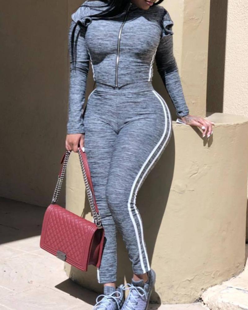

Striped Tape Insert Zipper Design Casual Top & Pants Sets, Gray