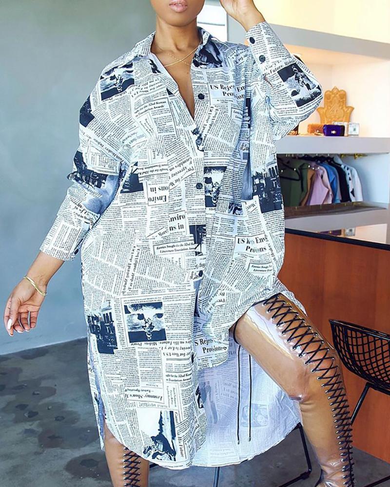 

All Over Newspaper Print Shirt Dress, Gray