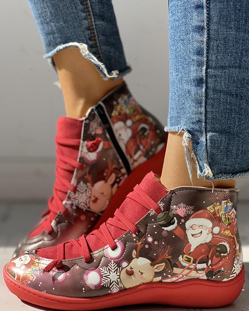 

Suede Cartoon Print Patchwork Lace-Up Casual Boots, Red