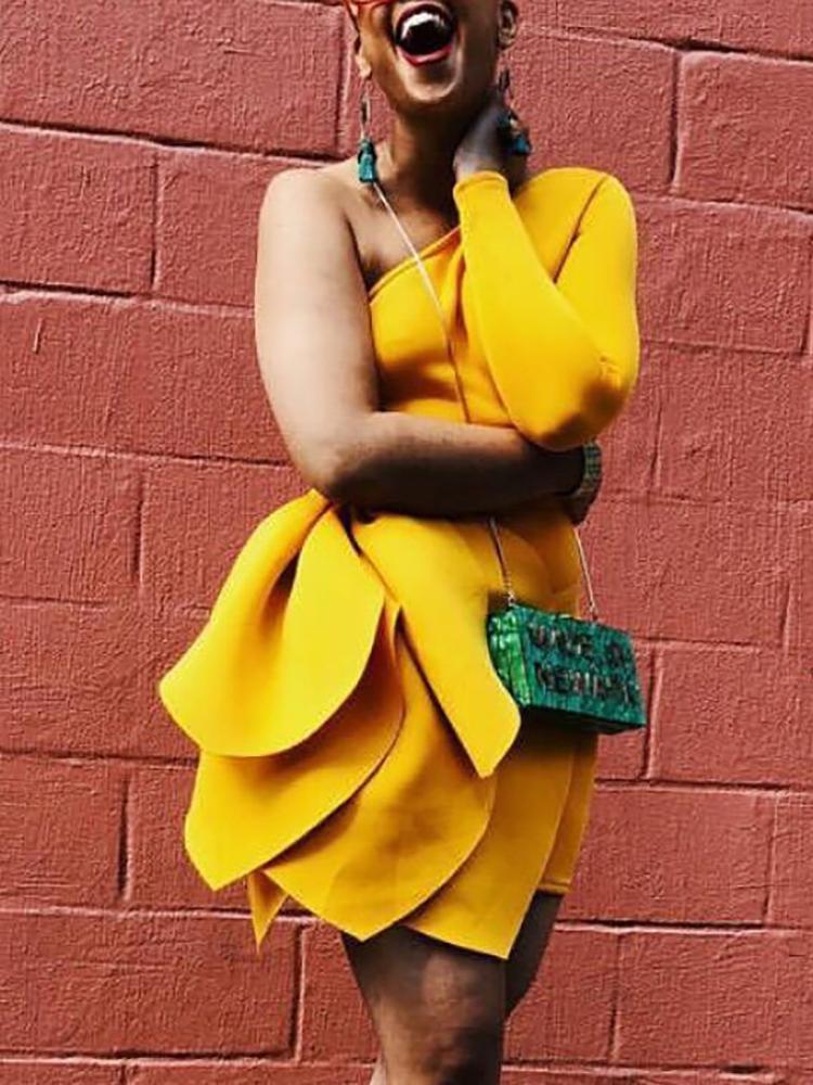 

One Sleeve Layered Ruffles Design Mini Dress, Yellow