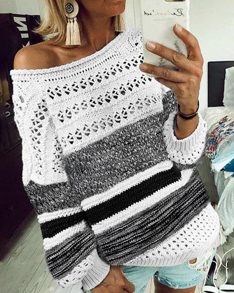 

Striped Colorblock Hollow Out Knit Sweater, Black