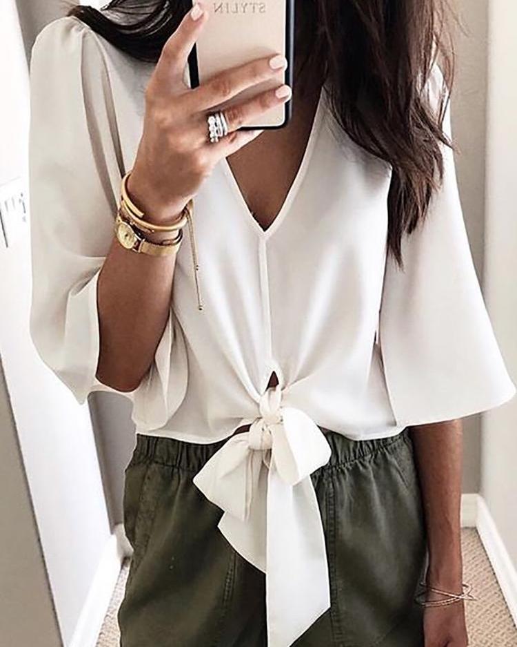 

Solid V-Neck Knot Front Blouse, White